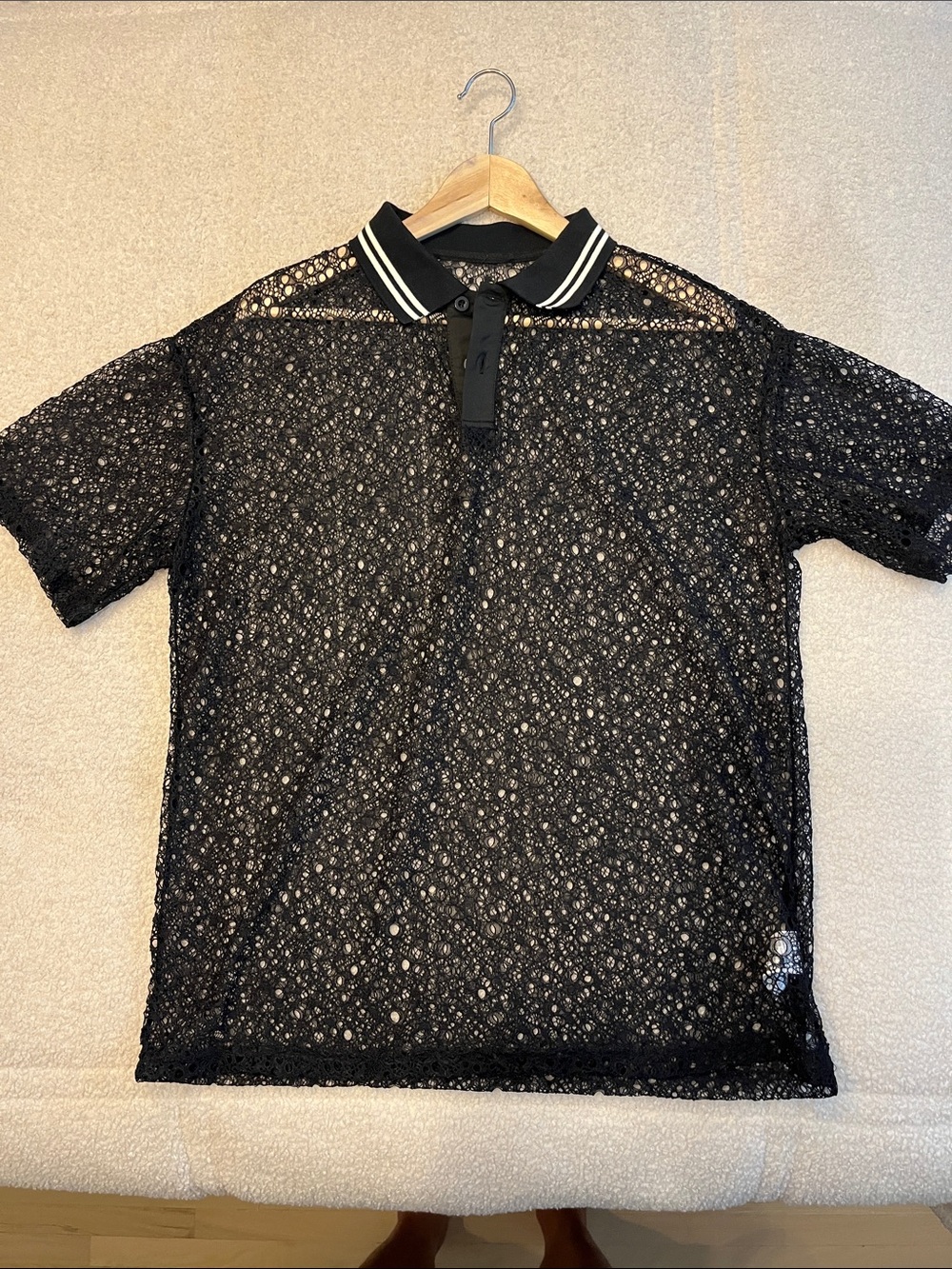 Men’s Black Crochet /Lace Polo w/ Striped Collar